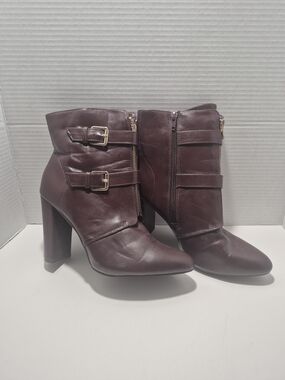 JustFab Wine Burgundy Pointed-Toe High Heel Ankle Boots with Buckle Straps